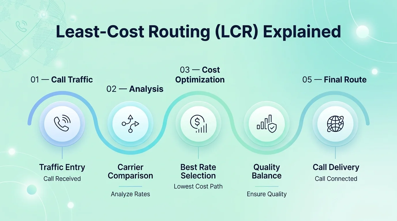 Least-cost routing explained: traffic entry, carrier comparison, best rate selection, quality balance, and call delivery