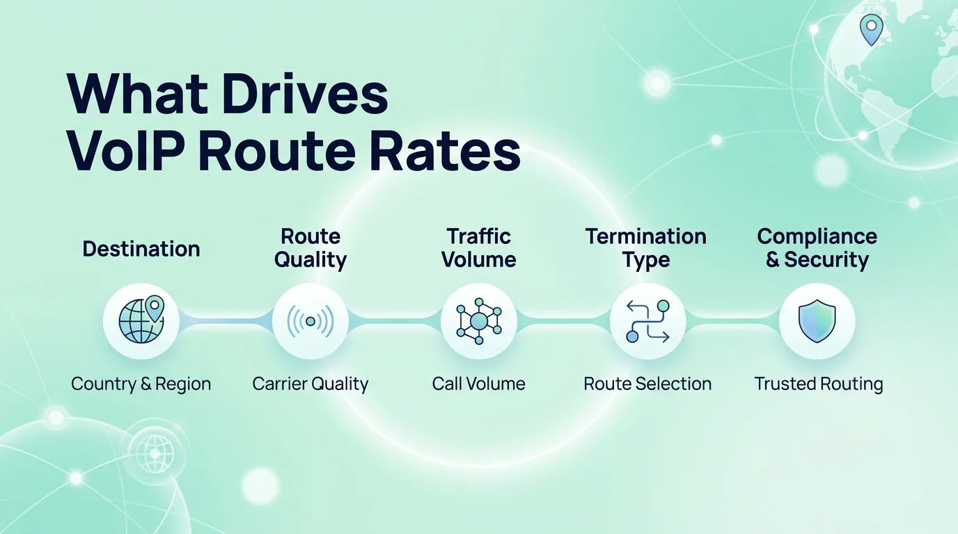 What drives VoIP route rates: destination, route quality, traffic volume, termination type, and compliance and security