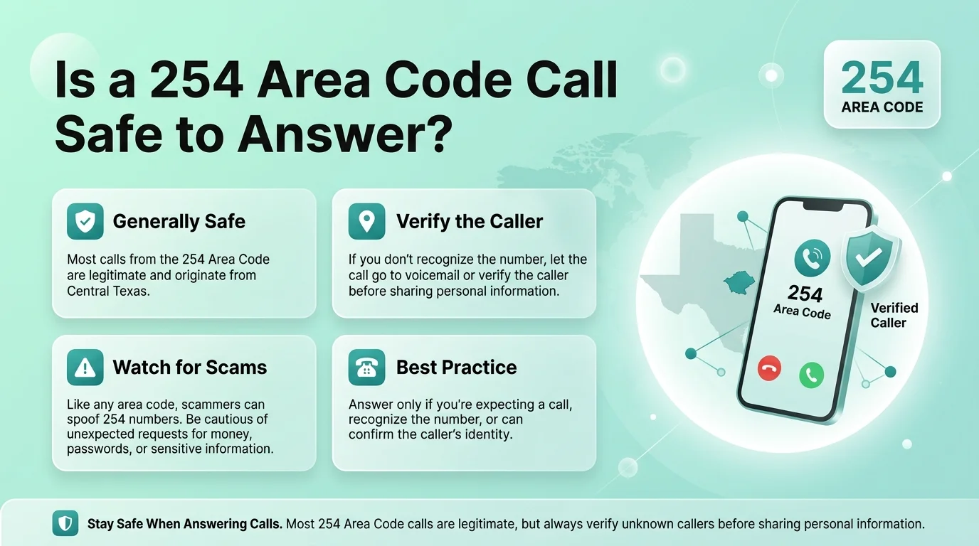 Is a 254 area code call safe — generally legitimate, verify unfamiliar callers, watch for scams, and follow best practices before answering