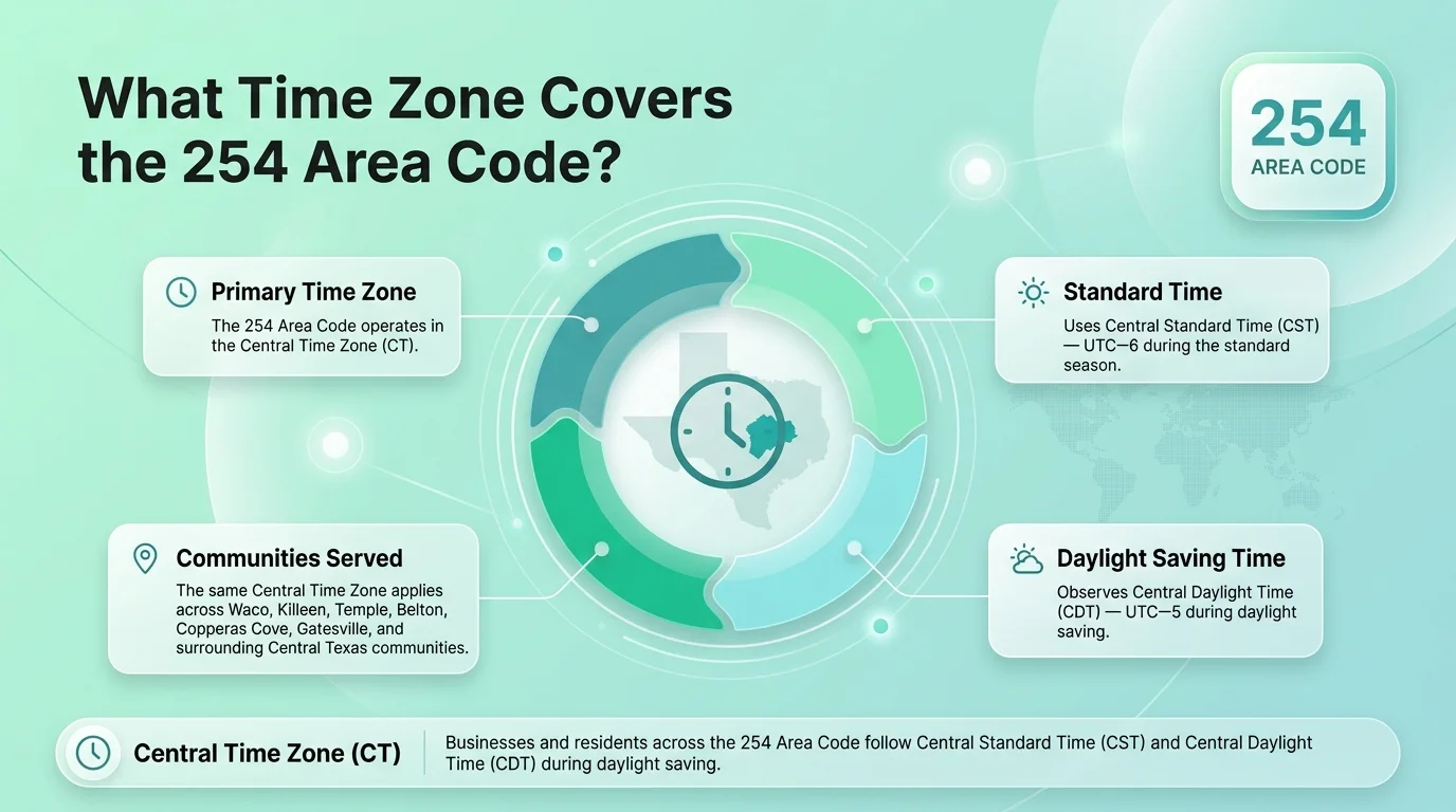 What time zone covers the 254 area code — Central Standard Time UTC-6, Central Daylight Time UTC-5, covering Waco, Killeen, Temple, Belton, and Gatesville