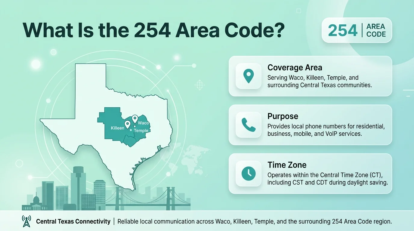 What is the 254 area code — coverage area serving Waco, Killeen, Temple, and surrounding Central Texas communities, Central Time Zone