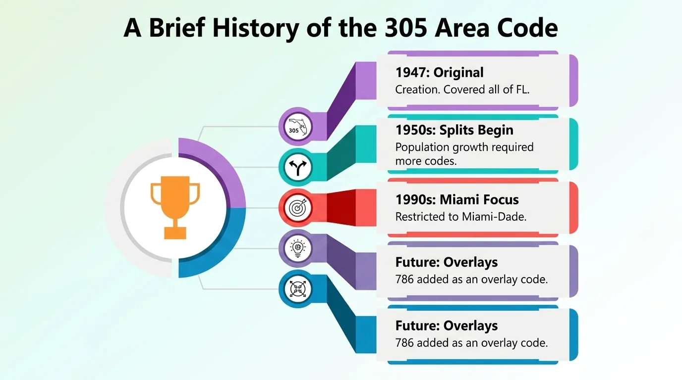A brief history of the 305 area code — timeline from 1947 to the 954 split and 786/645 overlays