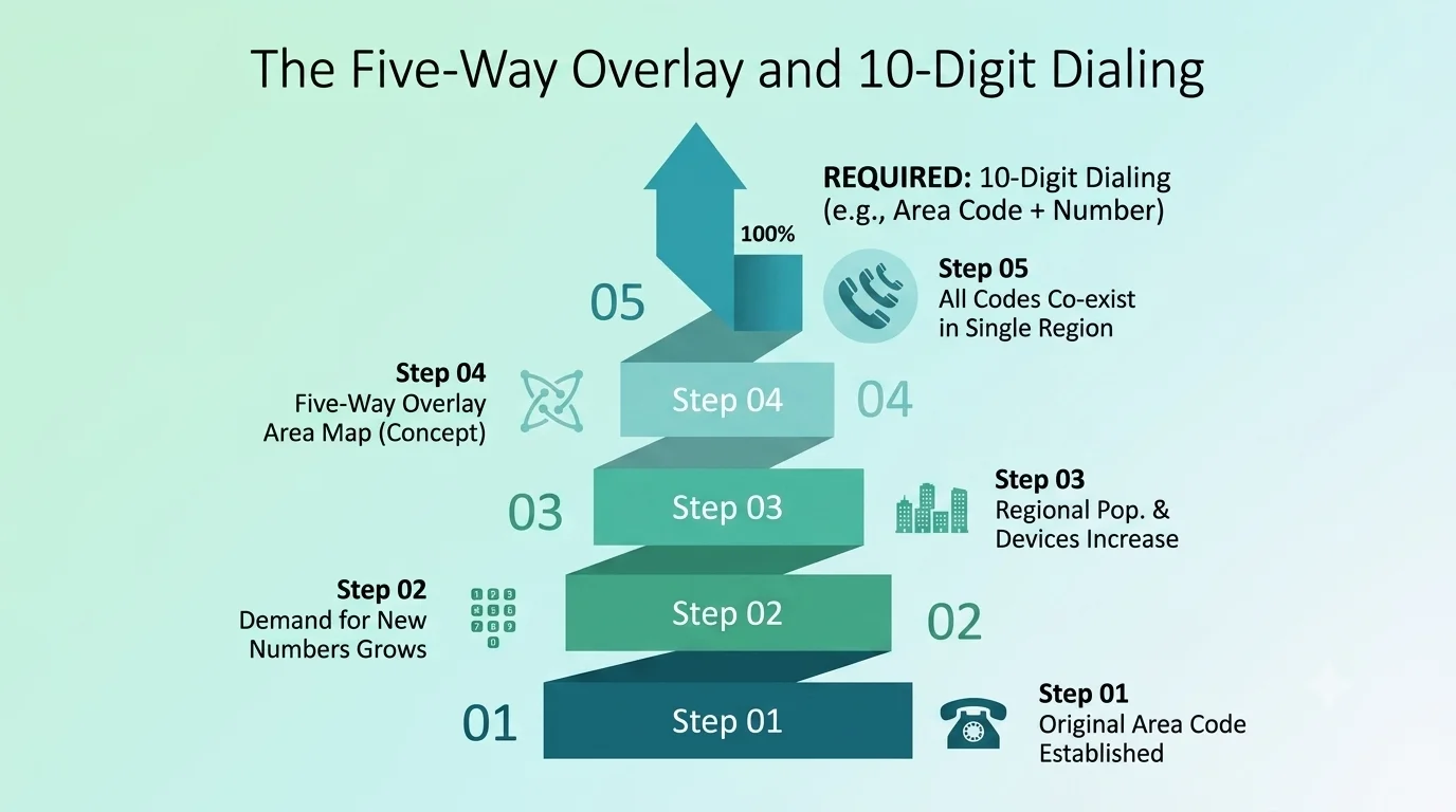 The five-way overlay and 10-digit dialing rules for the 346 area code region