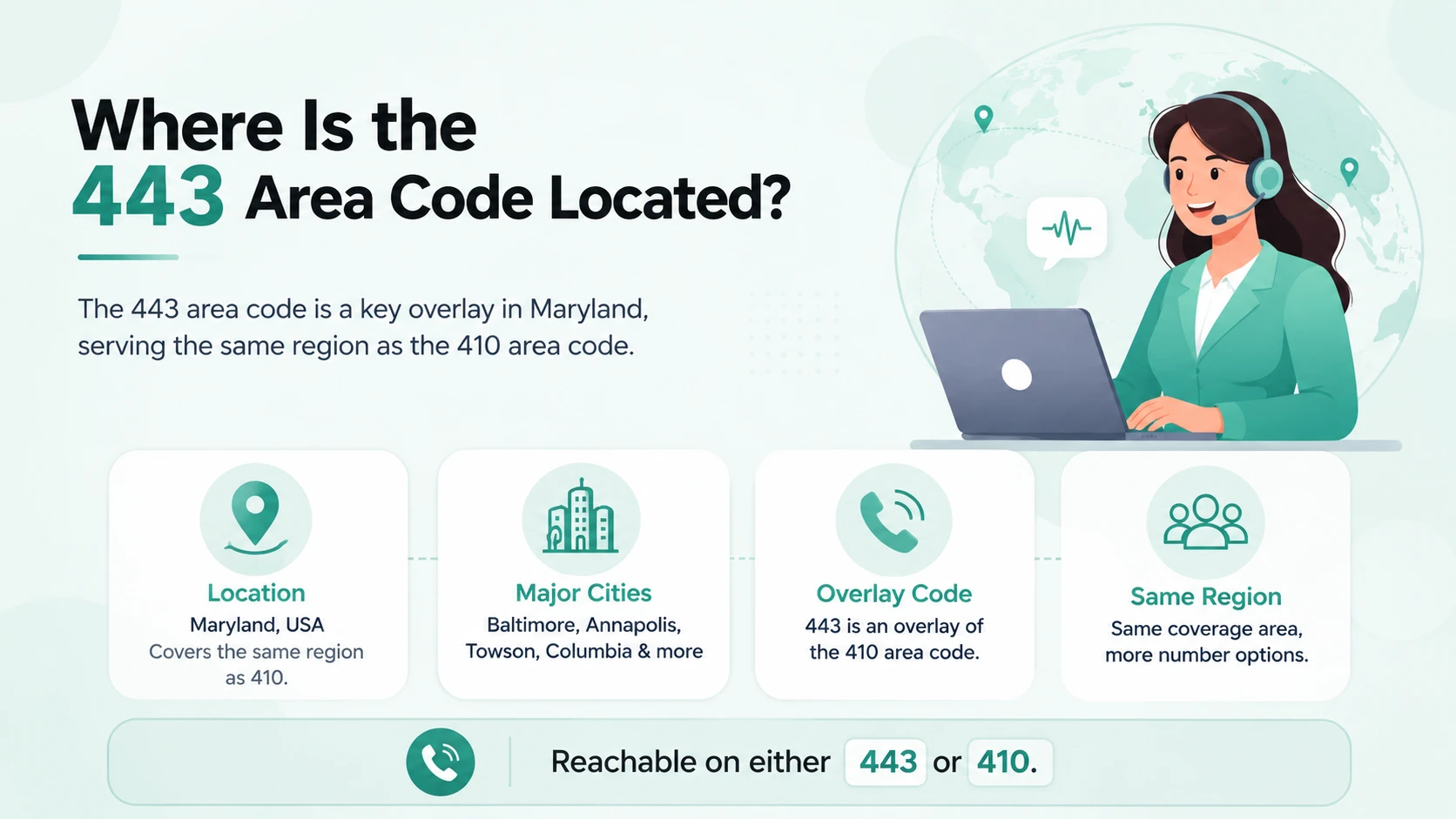 Where Is the 443 Area Code Located — Maryland USA, major cities Baltimore Annapolis Towson Columbia