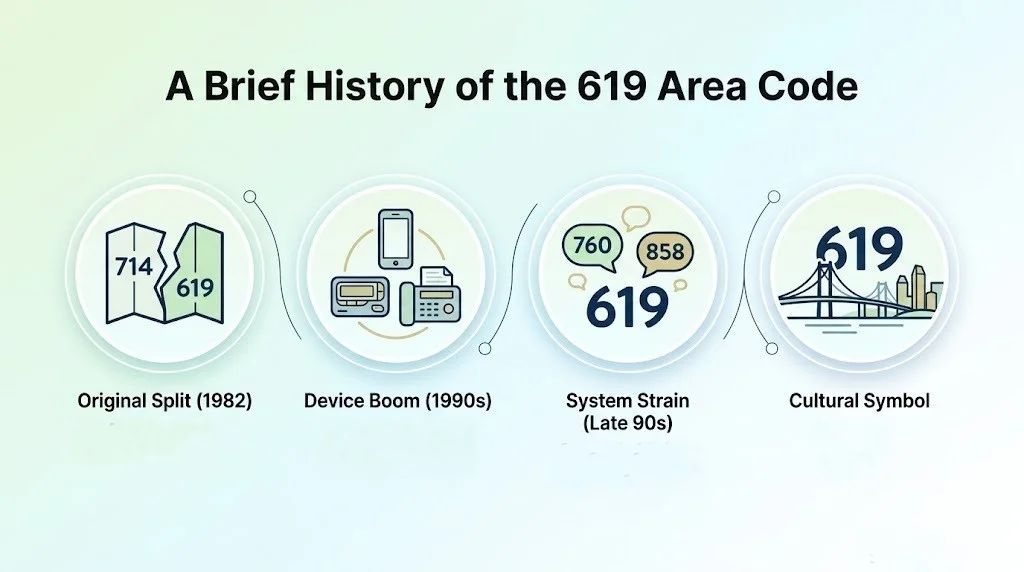 A brief history of the 619 area code — timeline from the 1982 split with 714 to the 858 overlay
