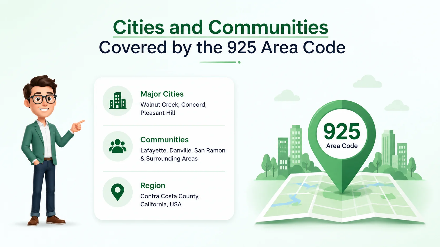 Cities and communities covered by the 925 area code — Contra Costa County and the Tri-Valley including Concord, Walnut Creek, and Livermore