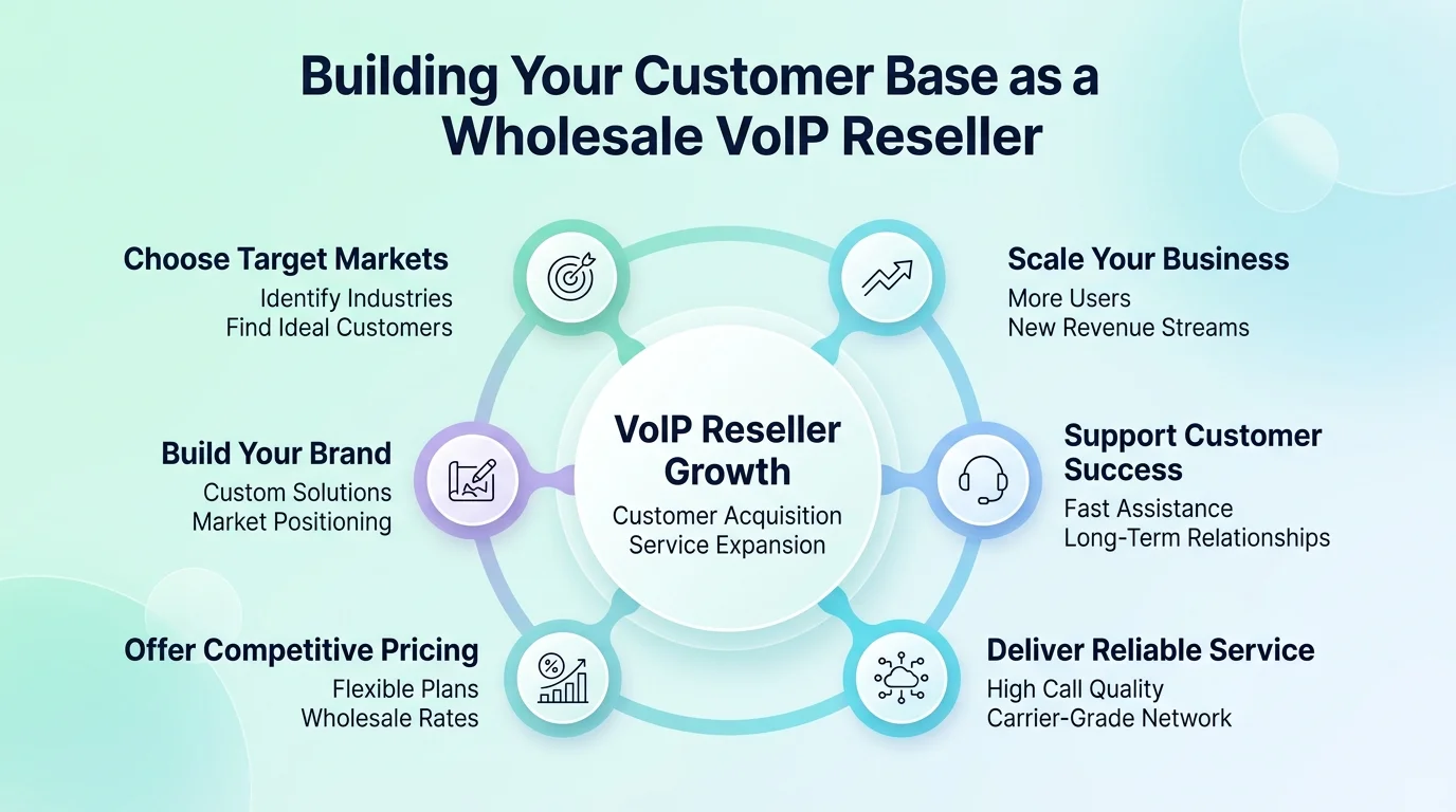 Building a wholesale VoIP reseller customer base — five key segments: retail VoIP providers, UCaaS platforms, call centers, MVNOs, and regional carriers
