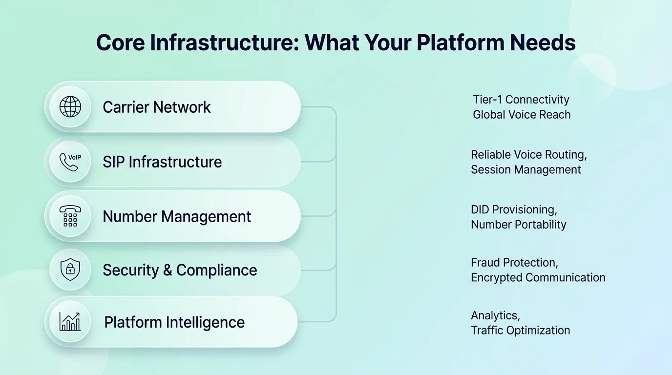 Core infrastructure for a wholesale voice carrier — Class 4 softswitch, session border controller, billing and CDR processing, fraud management