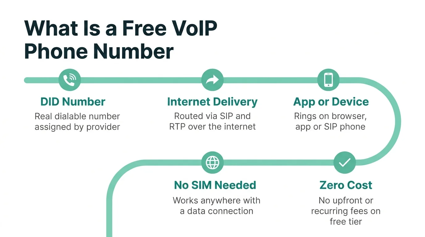 What Is a Free VoIP Phone Number — real DID number delivered over the internet via SIP with no SIM card required