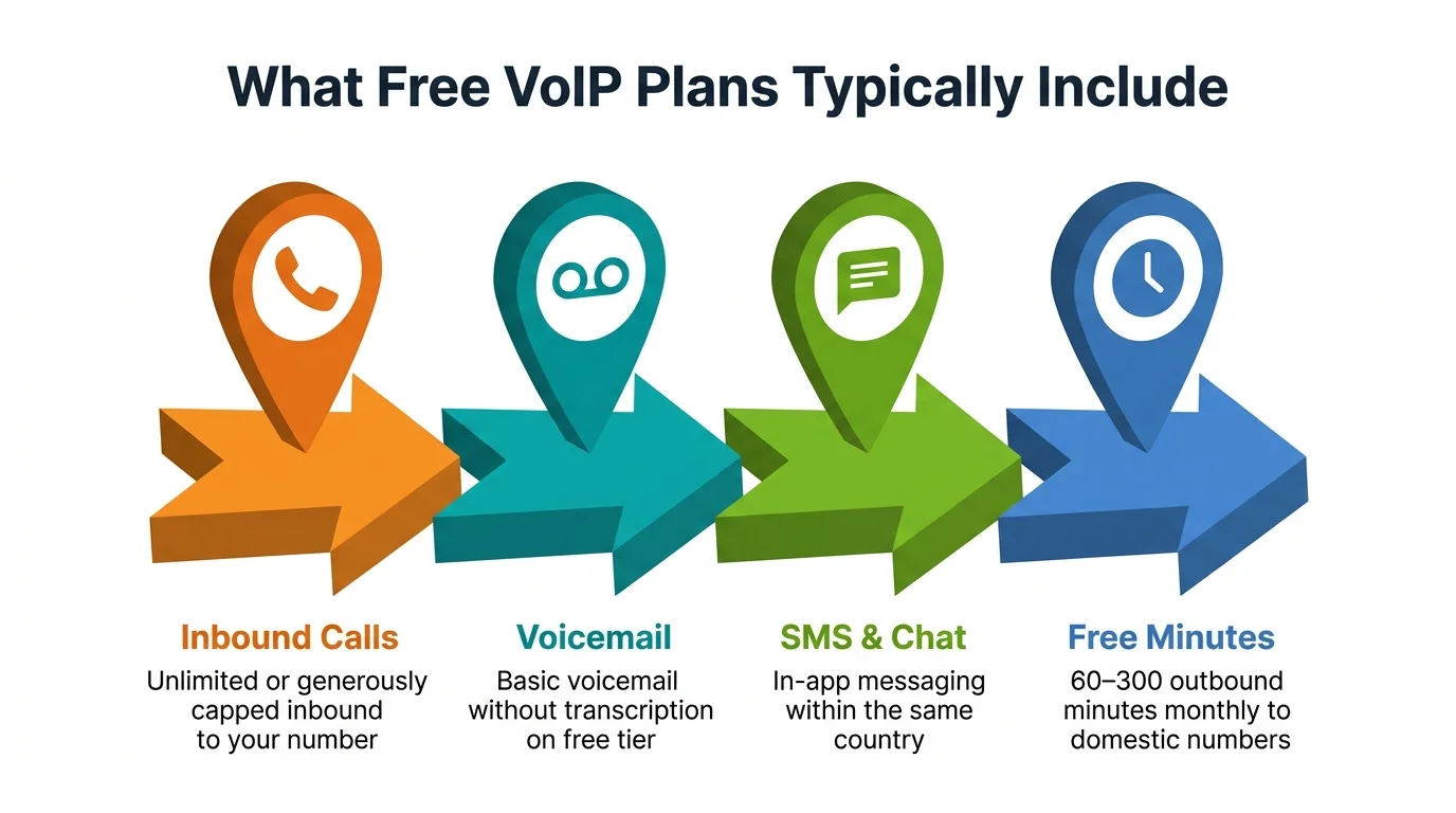 What Free VoIP Plans Typically Include — inbound calls, voicemail, SMS messaging, and limited outbound minutes