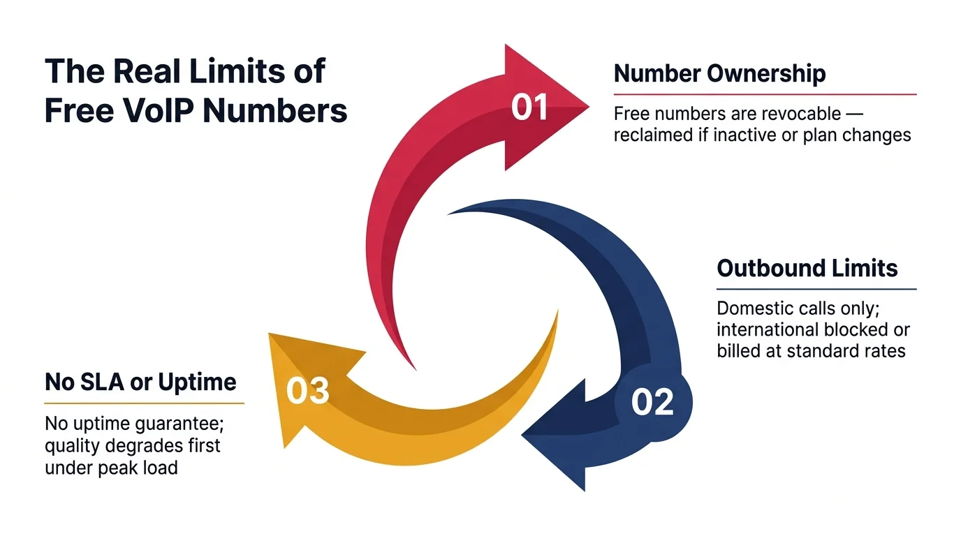 The Real Limits of Free VoIP Numbers — number ownership, outbound restrictions, no SLA, feature gaps, and advertising