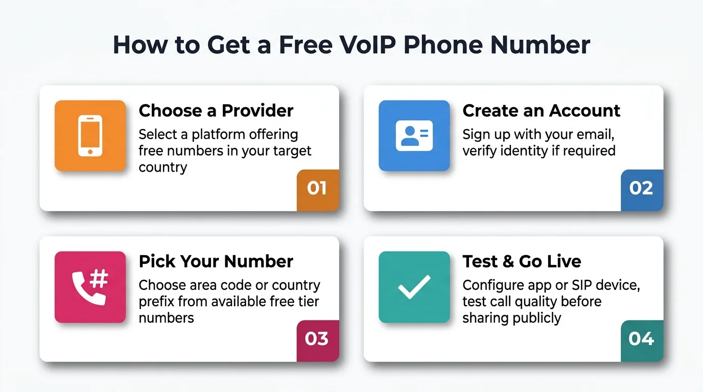 How to Get a Free VoIP Phone Number — 4 steps: choose provider, create account, pick number, test and go live
