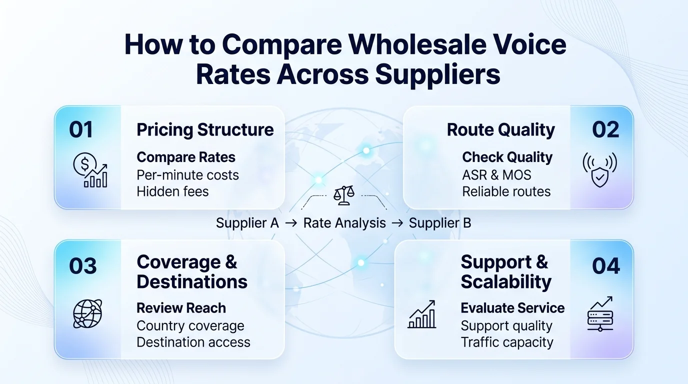 5-step framework for comparing wholesale voice rates across suppliers — billing increments, ASR, CLI, volume commitments, coverage