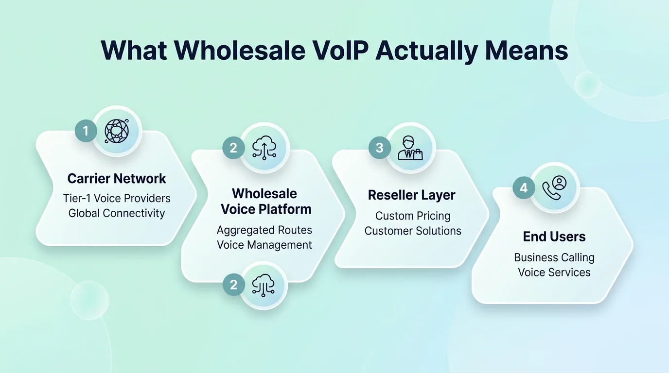 Wholesale VoIP value chain — originating carrier to wholesale provider to terminating carrier with 50–70% reseller margin