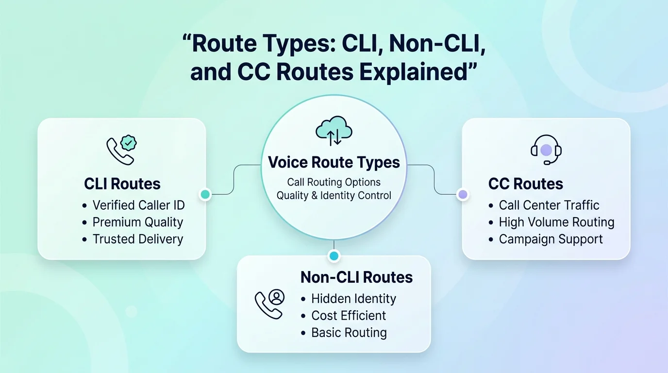 VoIP route types comparison — CLI routes high ASR, Non-CLI cost-first, CC routes mid-tier with quality bar indicators