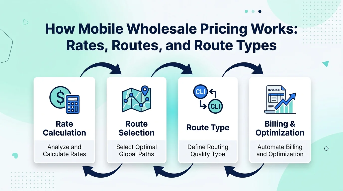 Mobile wholesale pricing chart showing CLI, Non-CLI, and CC route types with rate ranges