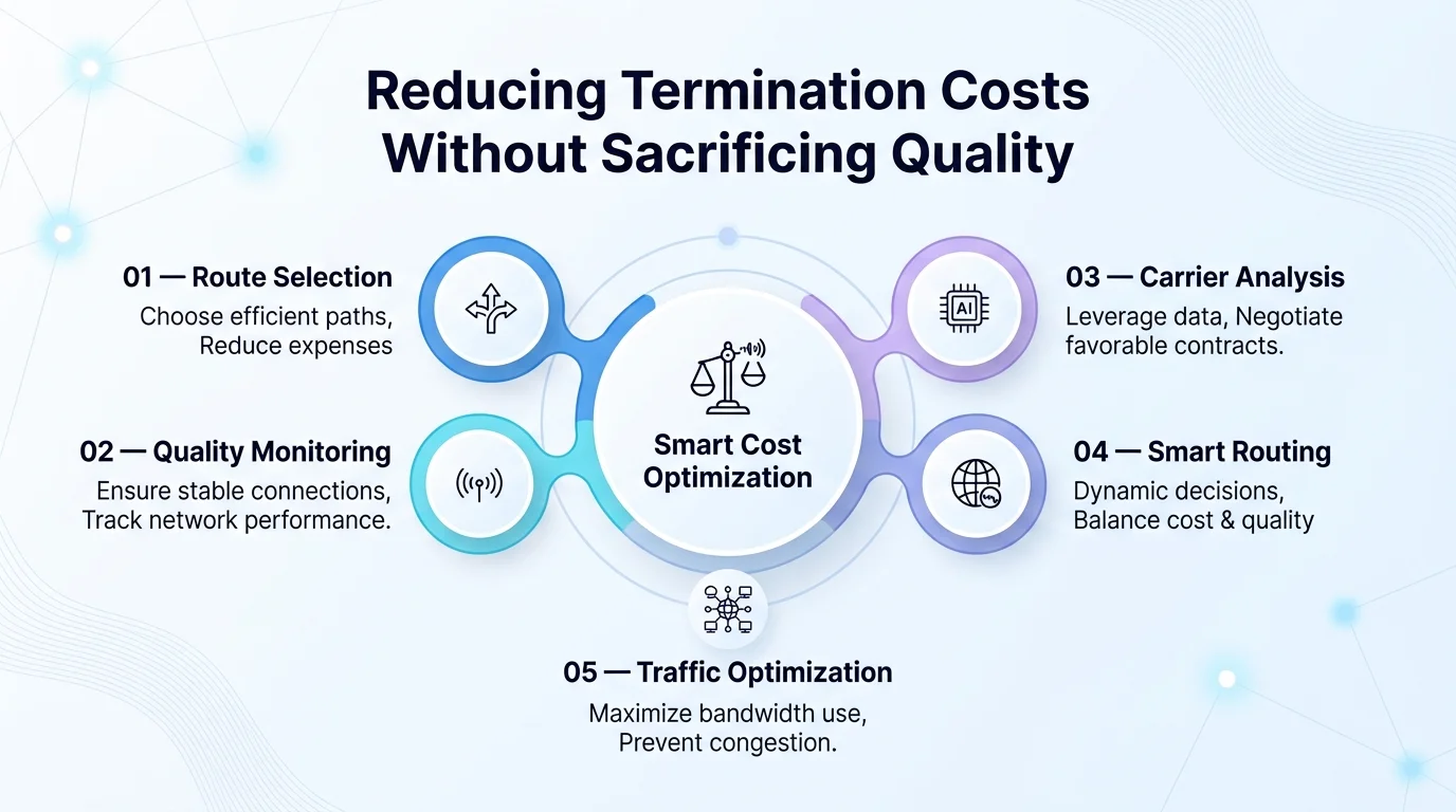 Four strategies to reduce termination costs — tiered routing, volume commitments, real-time ASR monitoring, CDR audits