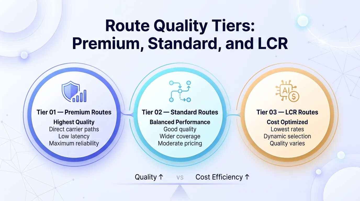 Route quality tiers comparison — Premium CLI guaranteed, Standard balanced, LCR least cost with quality and price bars