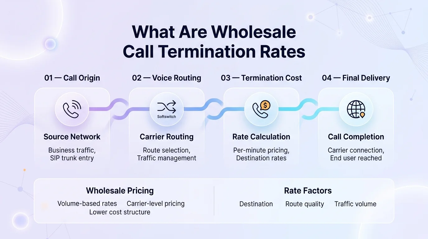 Wholesale call termination rates diagram showing call flow from originating network through softswitch to called party with per-minute fee