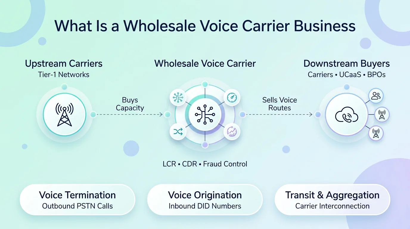 What is a wholesale voice carrier business — upstream carriers, wholesale platform, and downstream buyers with three core revenue streams