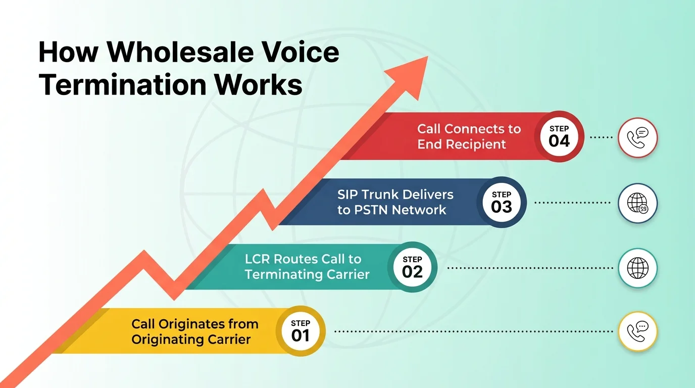 How Wholesale Voice Termination Works — 4 steps: call originates, LCR routes, SIP trunk delivers to PSTN, call connects to recipient