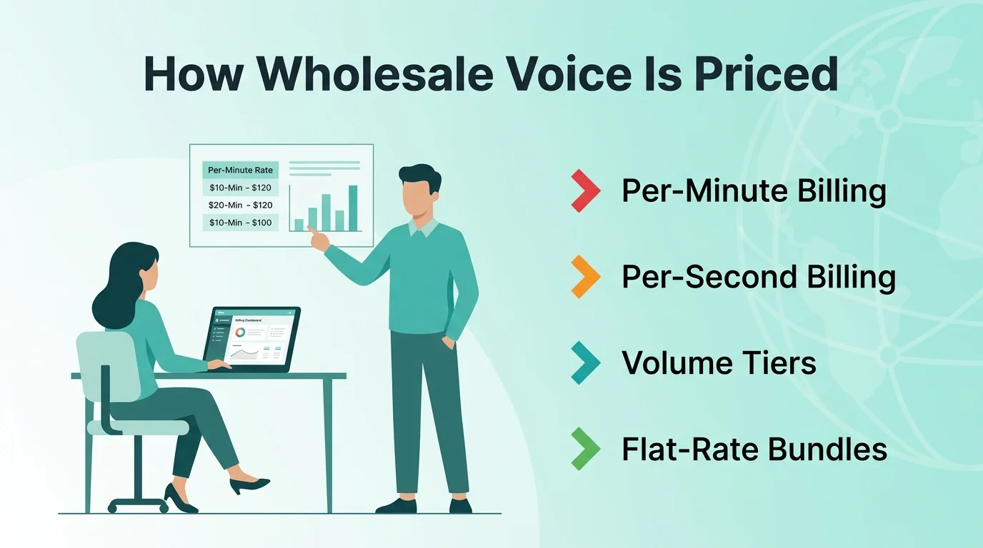 How Wholesale Voice Is Priced — per-minute billing, per-second billing, volume tiers, and flat-rate bundles explained