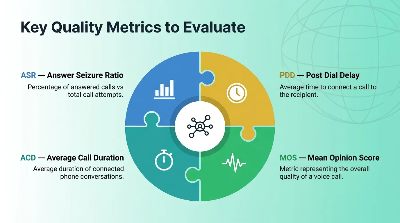 Key Quality Metrics to Evaluate — ASR Answer Seizure Ratio, PDD Post Dial Delay, ACD Average Call Duration, MOS Mean Opinion Score