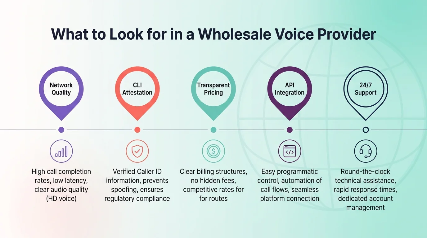 What to Look for in a Wholesale Voice Provider — network quality, CLI attestation, transparent pricing, API integration, 24/7 support