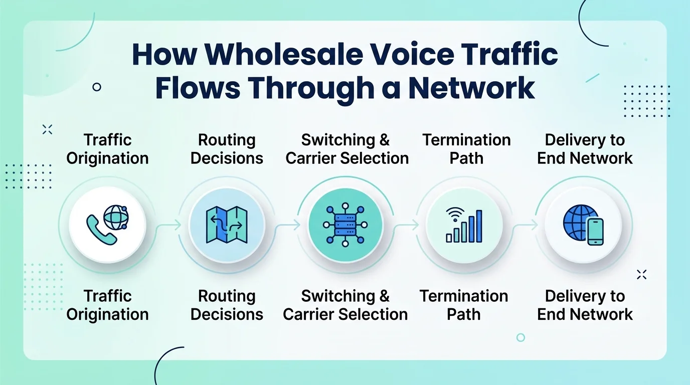Four stages of wholesale voice traffic flow — SIP signaling, routing, RTP transport, and PSTN termination