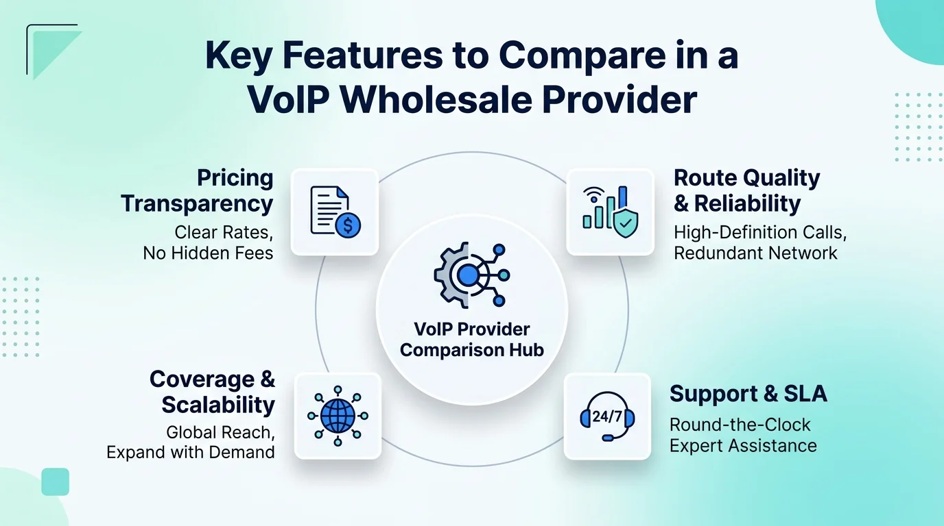 Key features to compare in a wholesale VoIP provider — route quality, SIP trunking, codec, and billing