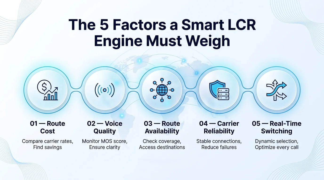 5 factors a smart wholesale VoIP LCR engine must weigh: rate, ASR, PDD, ACD, and CLI delivery