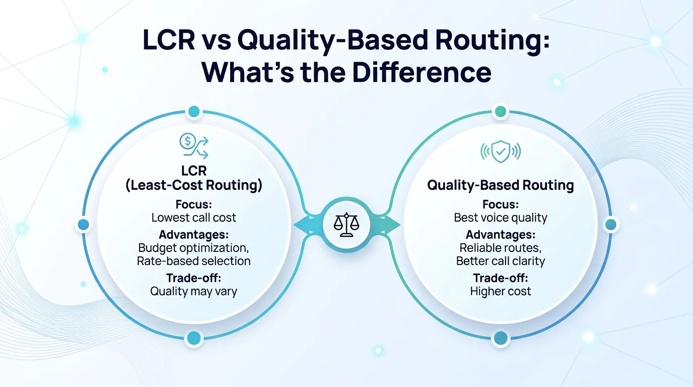 LCR vs quality-based routing vs smart hybrid: comparison of route selection, failover, CLI delivery, and cost efficiency
