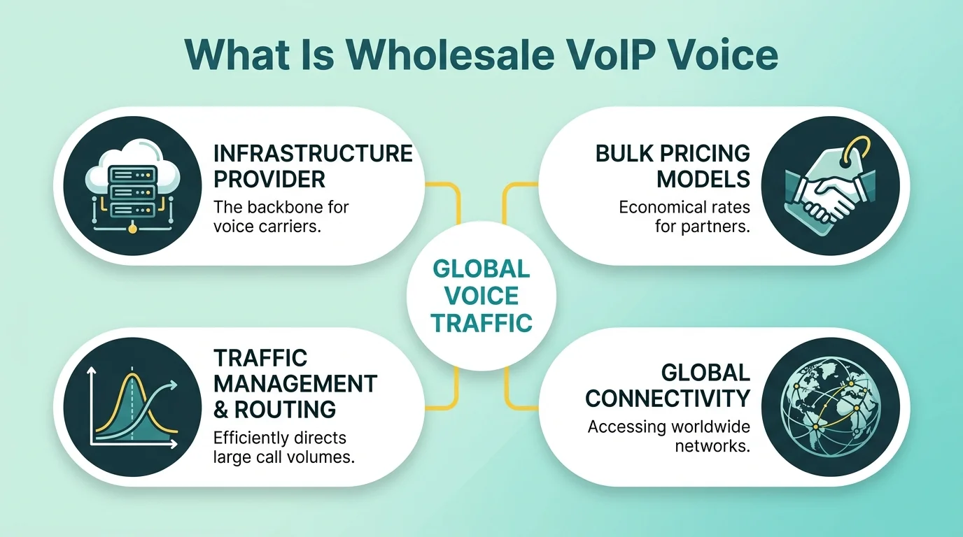 Diagram showing how wholesale VoIP voice converts analog calls into IP data packets for bulk carrier routing