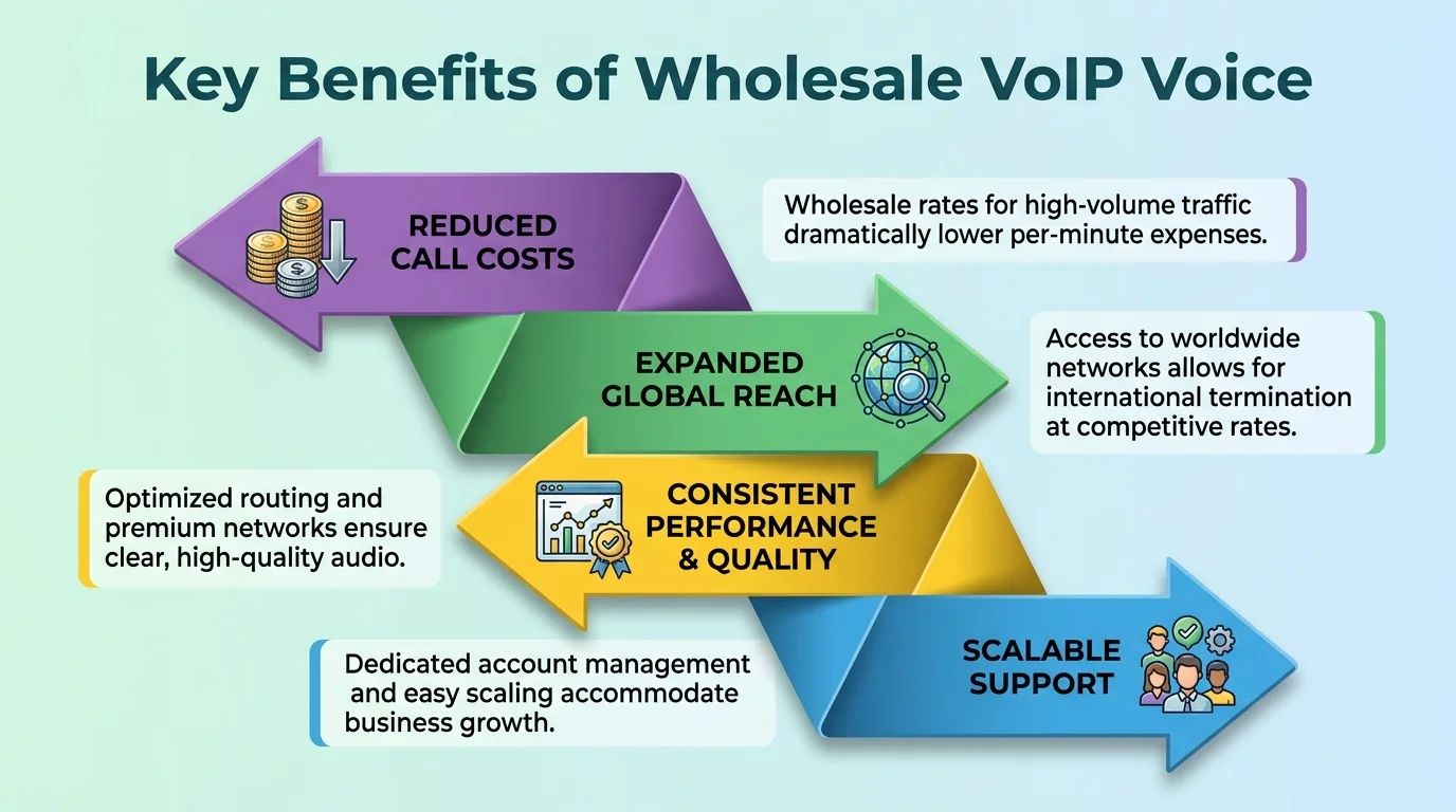 Infographic highlighting cost savings, scalability, global coverage, and reliability benefits of wholesale VoIP voice