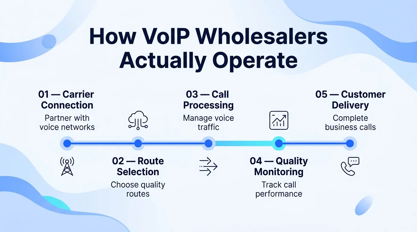 How VoIP wholesalers operate: carrier connection, route selection, call processing, quality monitoring, and customer delivery