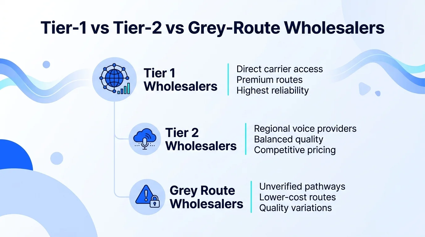 Tier-1 wholesalers with direct carrier access, Tier-2 wholesalers with balanced quality, and grey-route wholesalers with unverified pathways