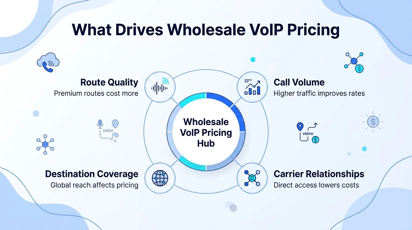 What drives wholesale VoIP pricing: route quality, call volume, destination coverage, and carrier relationships around the pricing hub