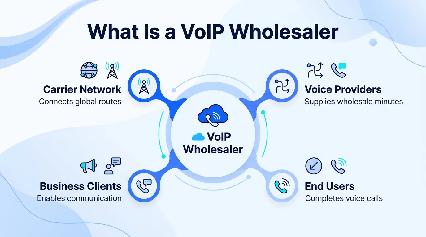 What is a VoIP wholesaler: carrier network, voice providers, business clients, and end users connected around the wholesaler core