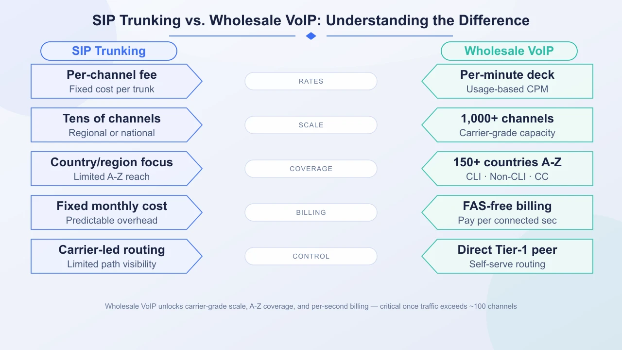 Comparing wholesale VoIP pricing structures — per-minute flat rate, tiered volume bands, and committed-volume contracts