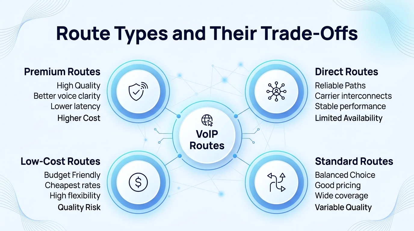 Route types and their trade-offs: premium routes, direct routes, low-cost routes, and standard routes around the VoIP routes core