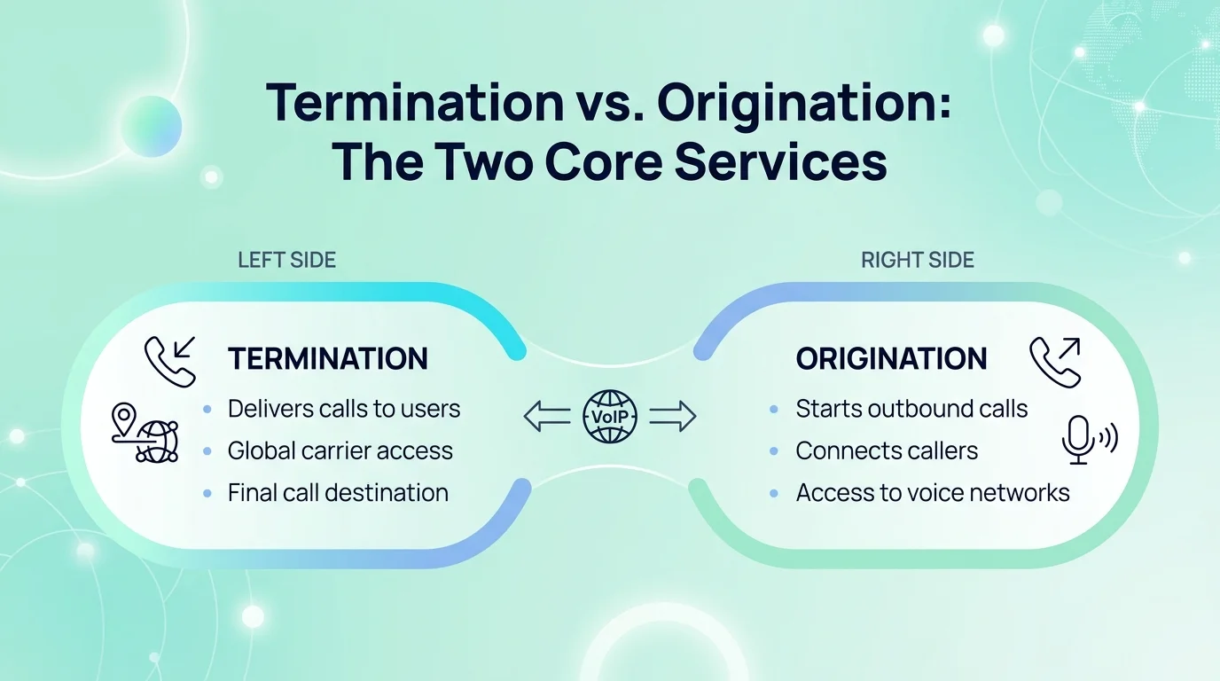 Termination vs origination: termination delivers calls to users with global carrier access, origination starts outbound calls and connects callers