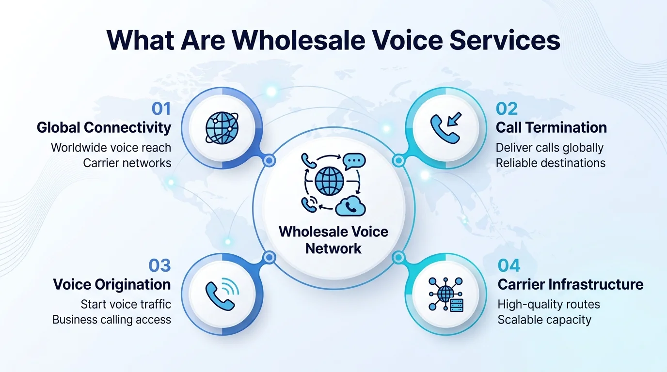 What are wholesale voice services: global connectivity, call termination, voice origination, and carrier infrastructure around the wholesale voice network