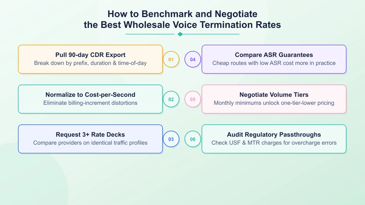 Six steps to benchmark and negotiate wholesale voice termination rates — CDR export, cost normalisation, rate decks, ASR comparison, volume tiers, regulatory audit