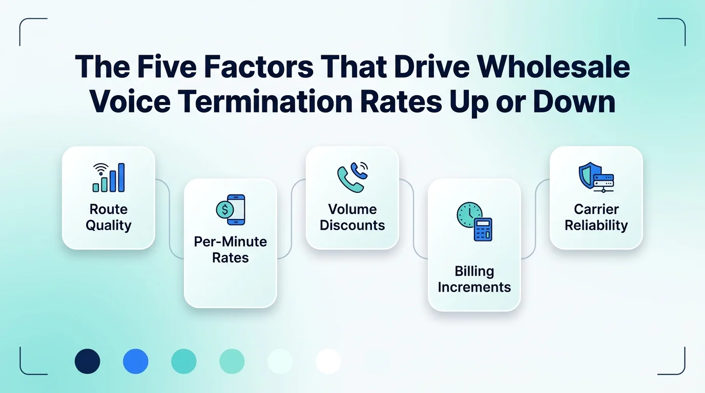 Five factors that drive wholesale voice termination rates — destination country, volume commitments, route tier, time of day, regulatory fees