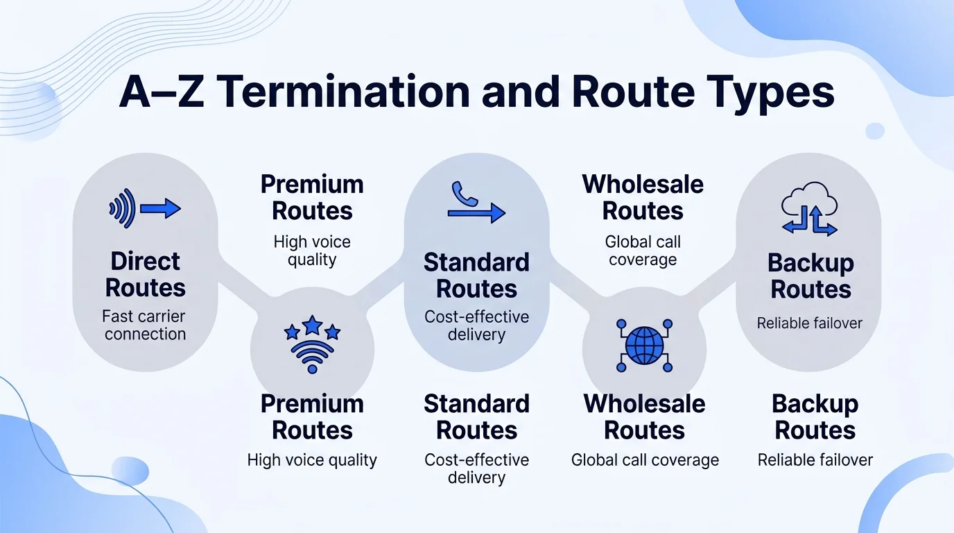 A-Z termination route types: direct, premium, standard, wholesale, and backup routes across the global call path