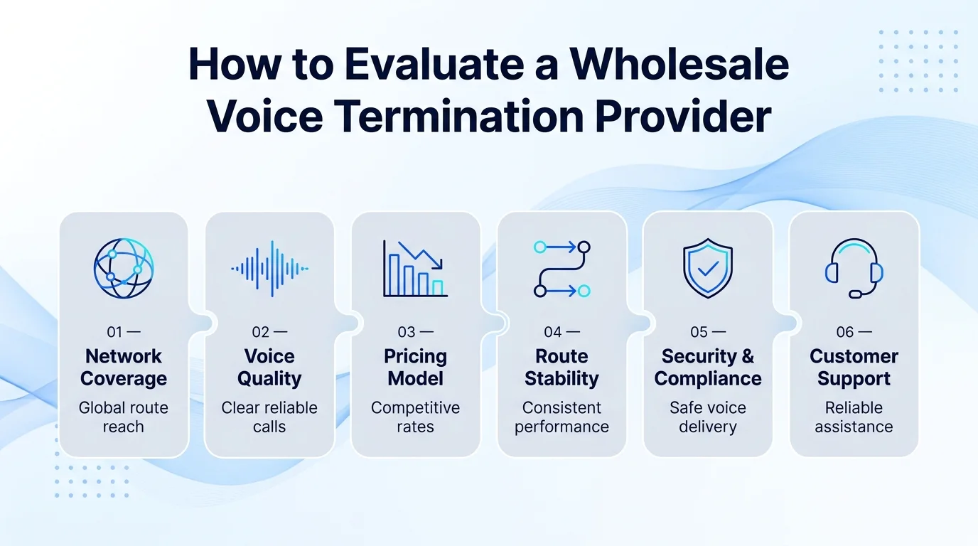 How to evaluate a provider: network coverage, voice quality, pricing model, route stability, security and compliance, and customer support