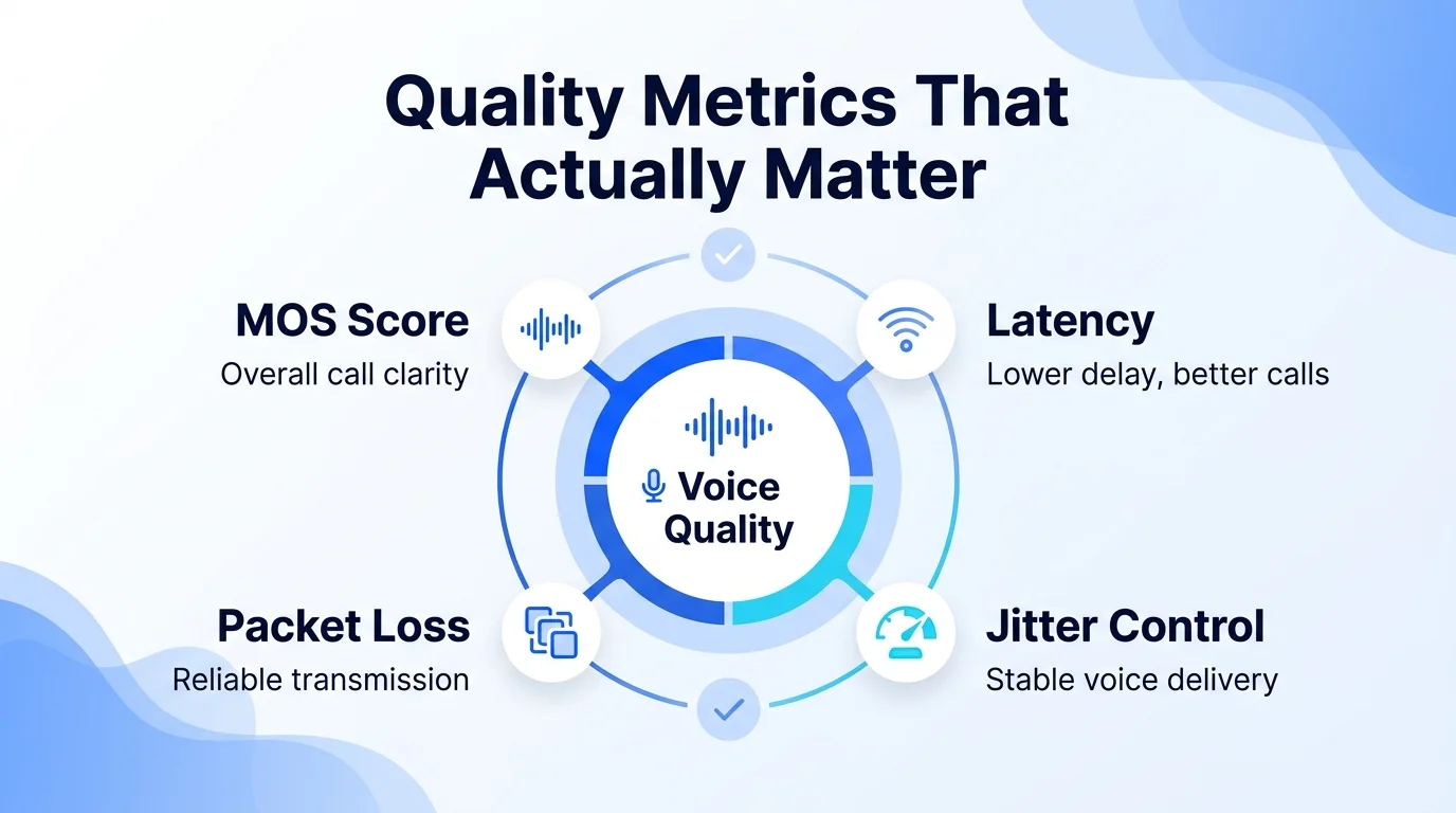 Voice quality metrics that matter: MOS score, latency, jitter control, and packet loss around the core voice quality wheel