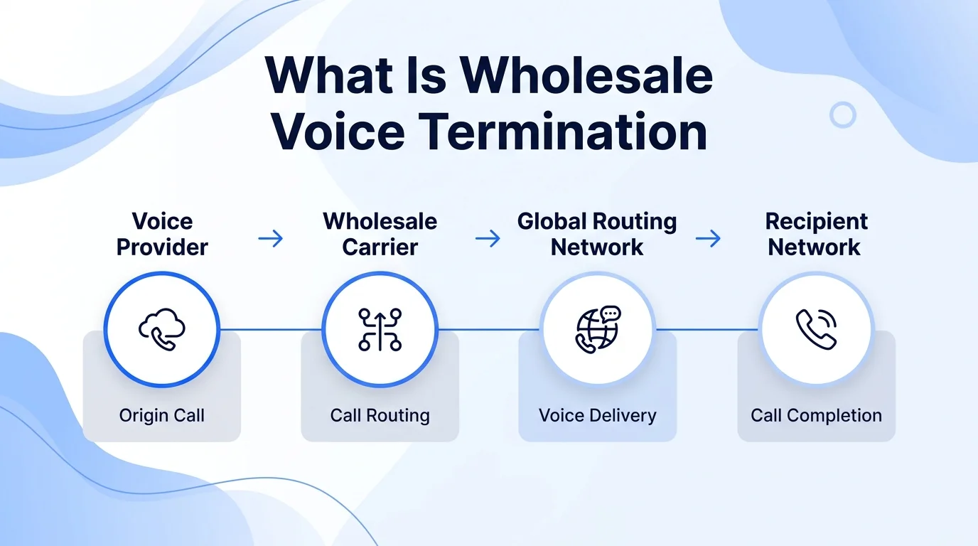 What is wholesale voice termination: origin call flows from voice provider through wholesale carrier and global routing network to call completion