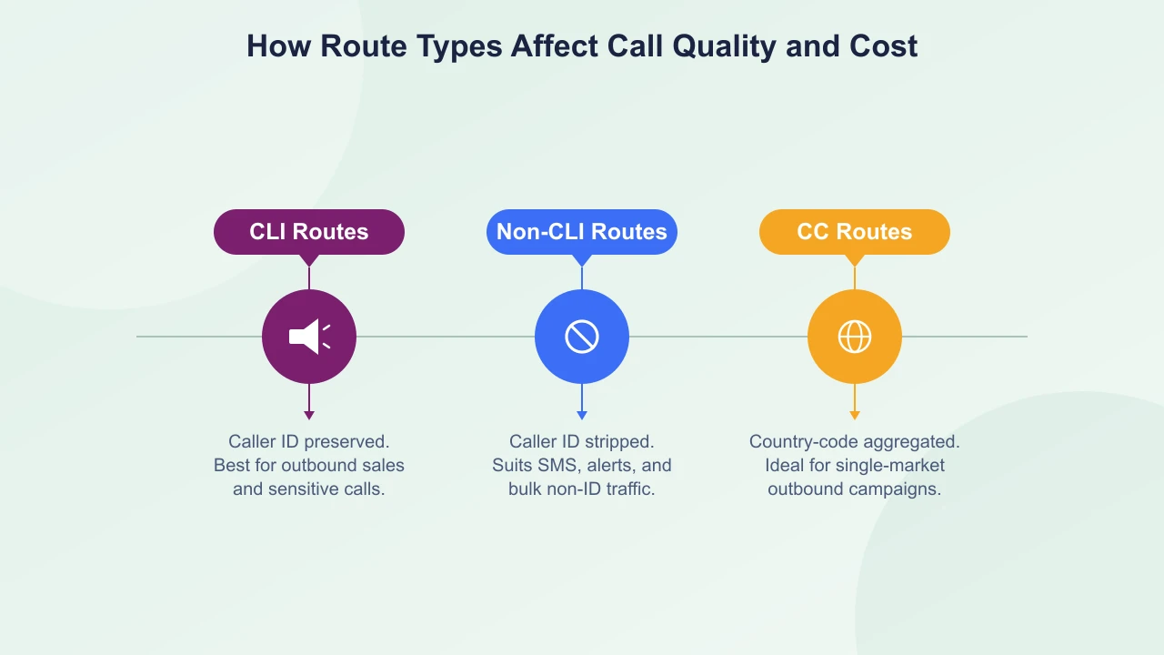 Premium CLI, Standard, and LCR route tiers compared by ASR range, PDD range, and typical hop count
