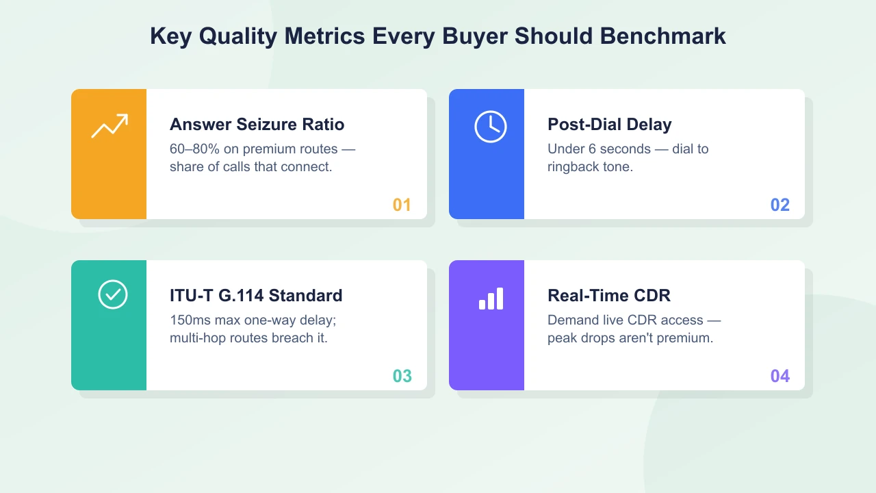 ASR benchmark chart comparing Premium CLI, Standard, and LCR wholesale voice termination routes
